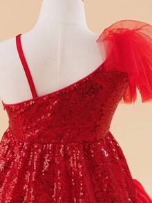 Glamorique Kids Young Girl Red Sequin Mesh Tulle Party Dress, Suitable For Parties, Gatherings And Various Occasions, Luxurious, Elegant,Christmas Dress Fall Winter - Red - View 7
