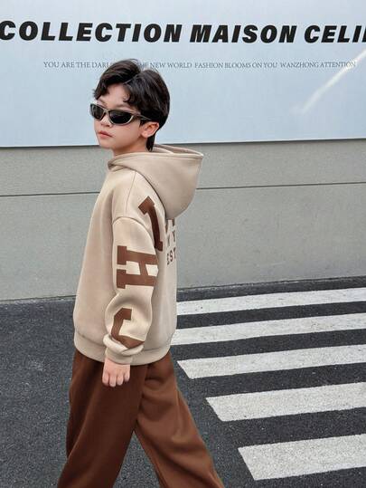 SHEIN Bộ quần áo hoodie in chữ phong cách Hàn Quốc rộng rãi, thoải mái cho bé trai tuổi teen và quần cạp chun, phù hợp cho mùa thu/xuân, vui chơi ngoài trời, đi học, phong cách đường phố, tiệc tùng và giải trí