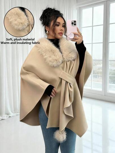 Rafferiza 日常外出时尚，优雅百搭的毛领披肩，毛球披肩，斗篷，羊毛材质，女士秋冬斗篷大衣，女士外套，女士冬季服装
