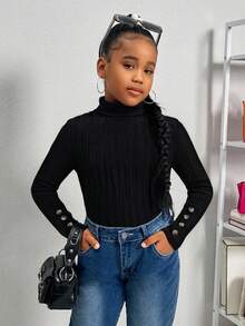 SHEIN SLAYR Tween Girl Tween Girls Brand Promotion - Buy 1 Get 2 High Neck Ribbed Long Sleeve Knit Top With Buttons Fall Winter - Multicolor - View 7