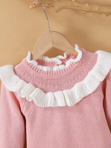 Genkimix Kids Baby Mädchen Lässig Farbblock Rüschen Saum Strickkleid, Herbst/Winter - Pink - Übersicht 3