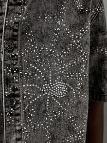 NEON BLANC Men's Casual Washed Front Button Spider Rhinestone Denim Shirt, Summer - Black - View 4