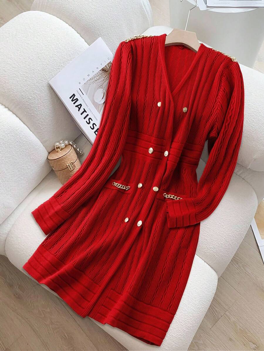 GlowEve CURVE Christmas Plus Size Solid Color Double-Breasted Knit Dress, Casual For Autumn - Red - View 1