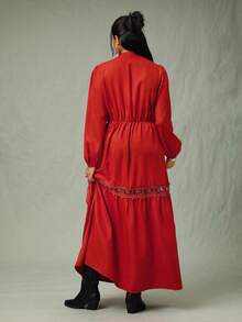 SHEIN VCAY Plus Size Red Autumn Boho Satin Party Dress For Women Elegant Lace Christmas Wedding Guest Winter Chic Business Casual Curve Fairycore Old Money - Rust Brown - View 2