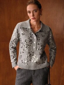MOTF PREMIUM 女式亮片装饰领毛衣，奢华休闲，秋冬 - 灰色 - 查看 7