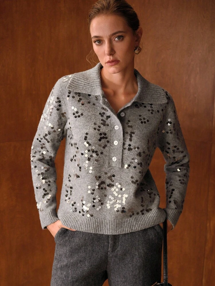 EMBELLISHED SEQUIN COLLAR WOMEN SWEATER, LUXURIOUS CASUAL, AUTUMN/WINTER