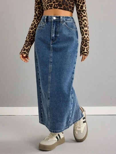 SHEIN Tween Girls Fashion Casual Y2k Vintage Cool Street Returns To School College Street Blue Denim Slit Washable Design Denim Skirt For Tween Girl Clothes Tween Girls Soft Dailywear And Tween Girl Winter And Fall Rave Outfits Festival And Outfits Streetwear School Clothes