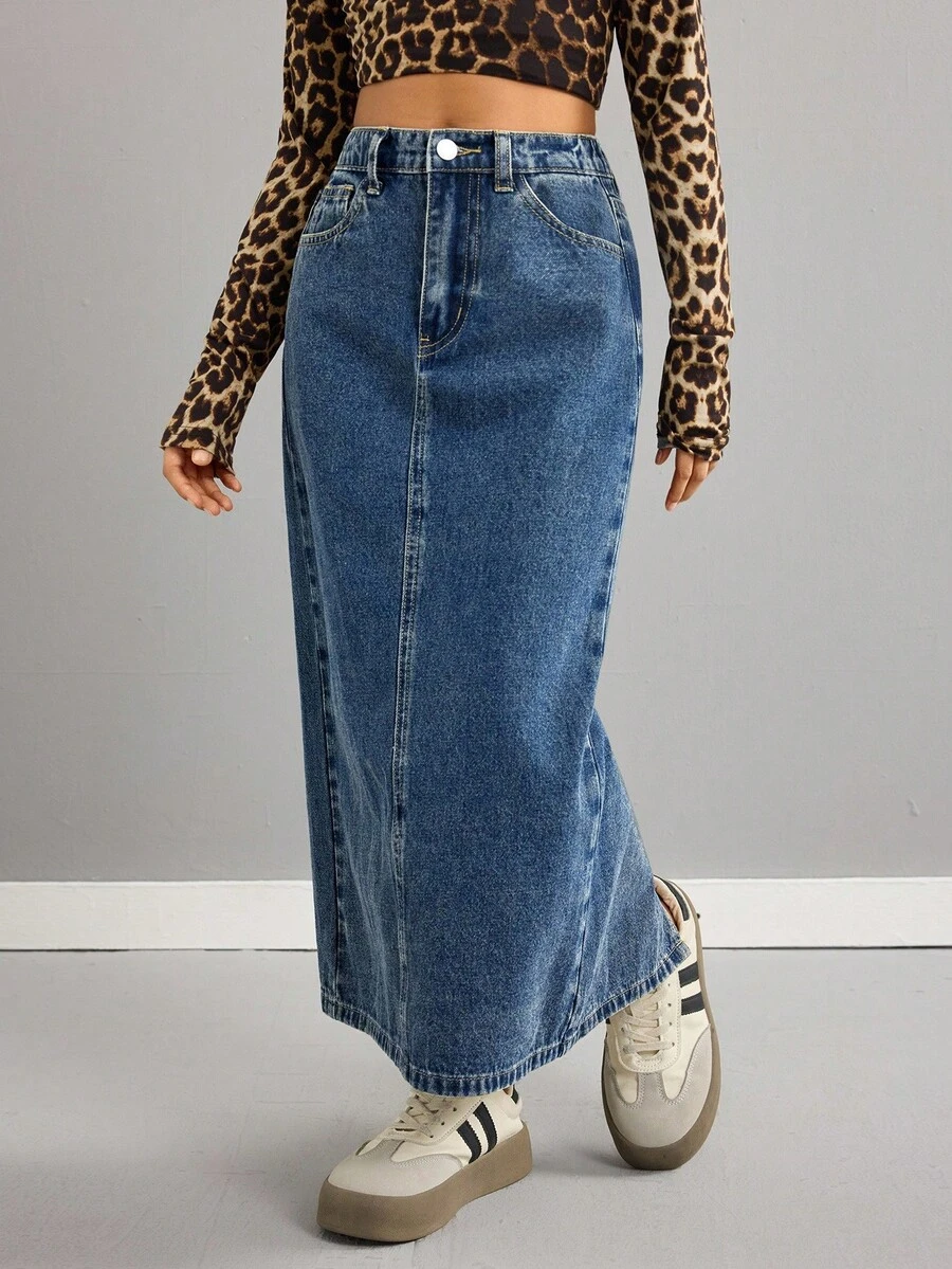 SHEIN Tween Girls Fashion Casual Y2k Vintage Cool Street Returns To School College Street Blue Denim Slit Washable Design Denim Skirt For Tween Girl Clothes Tween Girls Costume Dailywear And Tween Girl Winter And Fall Rave Outfits Festival And Outfits Streetwear School Clothes