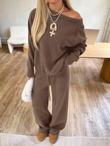 CovetEZ Women's Casual Solid Color Oblique Shoulder Loose Knit Sweater And Pants Set, Autumn/Winter Brown Knit Set Two Piece Set Women Comfy Brown 2 Piece Set Brown Sweater And Pants Set Two Piece Lounge Set Comfortable Two Piece Set Brown Outfit Brown Matching Set,Fall,Fall Clothes For Women - Coffee Brown - View 5