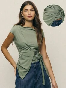 Nöista Asymmetrical Top With Side Tie Detail In Green Color. Perfect Spring Saint John Women's Clothing Elegant Vacay Holidays Summer.   Vacation Luxury Going Out  Wedding  Party    Festival  Holiday  Summer - Green - View 1