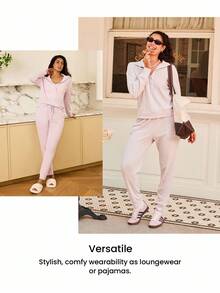 LUVLETTE 秋冬季女士柔软棉质华夫格基础款长袖纽扣衬衫长裤家居服两件套，带口袋，适合居家穿着。