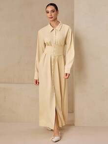 Graceveil Cream-Colored Cinched Waist Long Sleeve Dress, Casual For School, Vacation, And Dates - Yellow - View 1