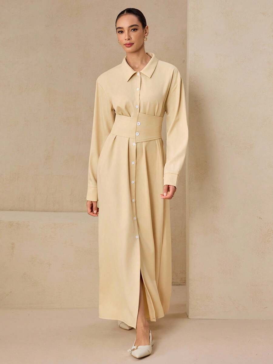 Graceveil Cream-Colored Cinched Waist Long Sleeve Dress, Casual For School, Vacation, And Dates - Yellow - View 1
