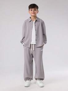 SUMWON Ribbed Texture Button Front Collared Shirt And Wide Leg Pants Set Fall Winter Wear Co-Ord With Elastic Waist Cozy Two Piece Outfit - Apricot - View 8