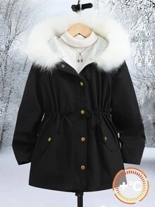 SHEIN Tween Girl Casual Black Fleece Hooded Jacket, Suitable For Ice Skating, Outdoor, Winter Fall - Black - View 8
