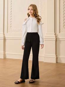 Girls' Long Sleeve Mesh Patchwork Ruffle Trim Blouse + High Waist Pants Elegant Halloween Christmas Outfit Fall Winter - White - View 5