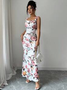 SHEIN PETITE Women's Sleeveless Floral Allover Print Fitted Long Dress - Multicolor - View 5