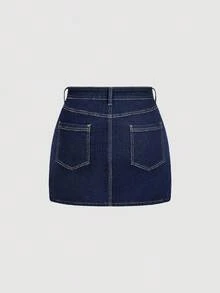 SHEIN MOD Fustă din denim elastic pentru femei plus size, fustă din denim cu căptușeală termică pentru toamnă/iarnă, fustă din denim îngroșată din fleece, fustă mini din denim închis la culoare, cu buzunare și cusături contrastante, pentru casual, versatilă, fustă din denim A-line, mărime plus, cu design cu talie înaltă și material durabil, perfectă pentru purtare de zi cu zi, iarna pentru femei, fustă de iarnă pentru ieșiri în oraș, fustă elegantă din denim - Spălare întunecată - Vizualizare 2