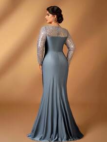 Serin Plus Size Elegant Luxury Beaded & Sequin Embellished Ruched Mermaid Hem Satin Gown, Suitable For Wedding Event, Bachelorette Party, Gala, Cocktail, Mother Of The Bride Dress