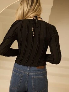 Aralina Summer Vacation Halter Neck Texture White Cute Top - Black - View 2