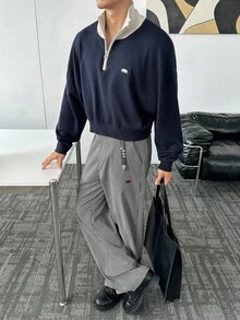 Manfinity BRENVOR Calças masculinas casuais de cintura alta com bolsos inclinados e estampa listrada, para o outono - Preto e Branco - Ver 5