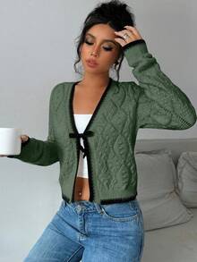 Selianne Cardigan Pullover Lengan Panjang Bertekstur Berlian Serbaguna Kasual Wanita - Hijau Tentara - View 5