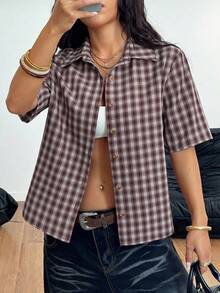 StreetHx Streetwear 女式格子拉链口袋短袖衬衫 - 鏽棕色 - 查看 3