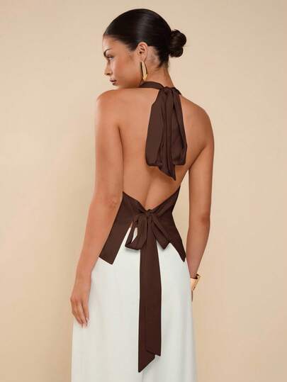 COSMINA Top halter con espalda descubierta y cordones, de unicolor y sexy, para el verano