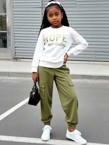 2pcs/Set Young Girls Letter Print Raglan Crew Neck Long Sleeve Sweatshirt And Drawstring Waist Cargo Pants Set,Back-To-School Autumn School Clothes - Multicolor - View 1