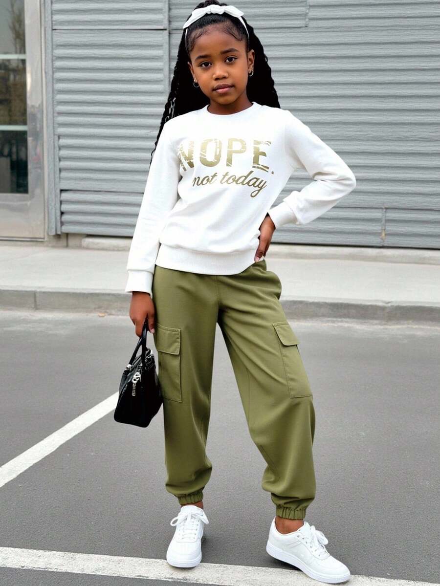 2pcs/Set Young Girls Letter Print Raglan Crew Neck Long Sleeve Sweatshirt And Drawstring Waist Cargo Pants Set,Back-To-School Autumn School Clothes - Multicolor - View 1