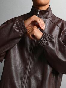 SUMWON Chaqueta bomber de piel sintética con diseño acolchado, cremallera, cuello y puños de canalé, moda de invierno y otoño - Café integral - Ver 4