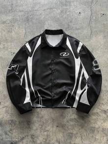 AXEPEAK 休闲街头宽松短款男士字母印花长袖衬衫 - 黑色 - 查看 1