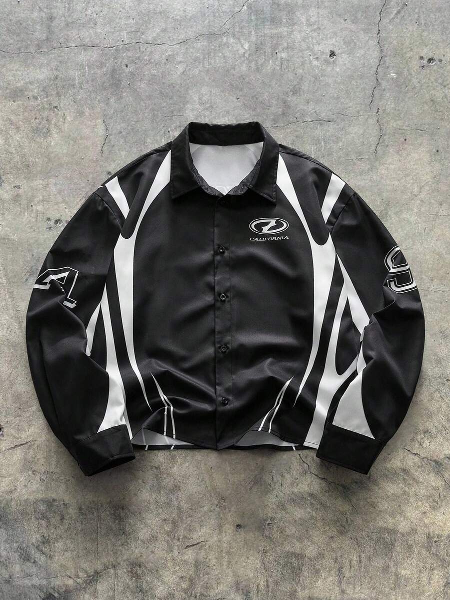 AXEPEAK 休闲街头宽松短款男士字母印花长袖衬衫 - 黑色 - 查看 1