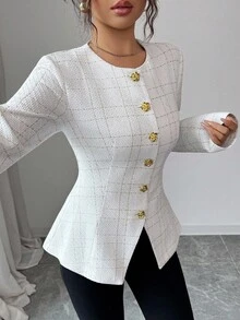 Rafferiza 优雅通勤简约时尚粗花呢格子单排扣夹克外套，新款秋冬女装金属纽扣短款夹克 - 白色 - 查看 6