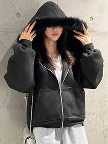 FRIFUL Women's Thermal Lined Fur Collar Patchwork Drop Shoulder Long Sleeve Zip Front Sweatshirt Jacket