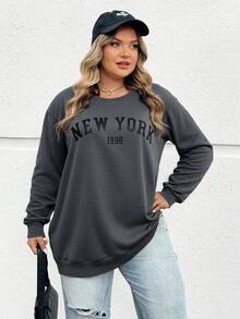 SHEIN CURVE+ 秋冬大码休闲宽松纽约图案圆领长袖女式运动衫 - 深灰色 - 查看 4