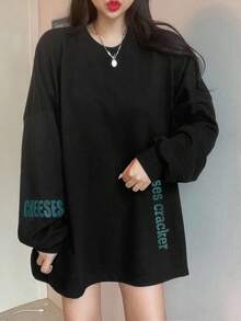 DAZY 女士标语印花落肩长袖T恤，图案为“奶酪象征着你生活中不想要的东西”，秋季服装，返校季服装，图案T恤 - 黑色 - 查看 3