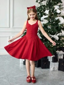 SHEIN 少女无袖褶皱胸围纽扣裹身荷叶边下摆红色连衣裙，连衣裙，新年服装，女士红色连衣裙，女士生日礼服，女士俱乐部服装，女士婚礼宾客礼服，返校，圣诞节 - 紅色 - 查看 5