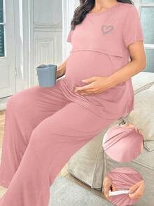 Moonlight & Mama Conjunto de pijama de maternidad de seda de leche con estampado de corazón de unicolor