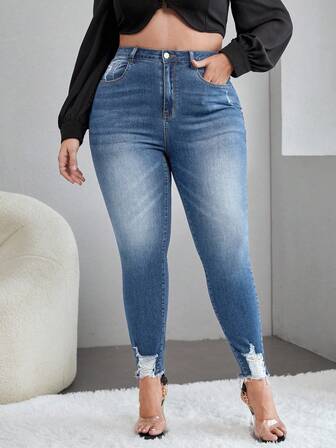 Schmale Jeans mit hoher Taille, Riss, unbearbeitetem Saum
