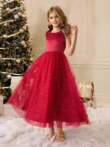 Girls' Chiffon Mesh Spaghetti Strap Dress, Suitable For Flower Girl, Halloween, Performance, Luxury Party, Holiday Event Fall Winter - Red - View 6