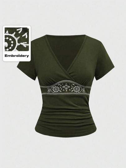 Hippie Maglietta a maniche corte con vita elastica e ricamo floreale vintage, colore marrone, adatta per l'estate, spiaggia, feste, festival musicali, stile boho