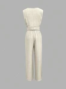 INAWLY Women Plus Size Solid Color Sleeveless Top And Pants Casual 2 Pieces Set, Spring/Summer - Beige - View 2