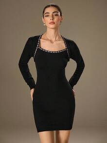 Modelyn Women's U-Neck Fitted Long Sleeve Black Sweater Dress - Black - View 3