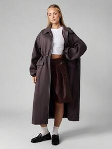 MISSGUIDED Manteau d'hiver long en coton, oversize, mode haute couture, avec ceinture à la taille, trench long, veste élégante à manches longues avec col large, mode automne - Gris - Voir 3