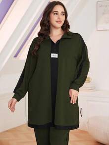 Lacomfia 2pcs Plus Size Casual Color Block Stand Collar Loose Top And Pants Set, Autumn 2 Pieces Set - Army Green - View 6