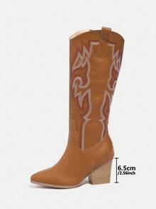 Daringsoles 女式休闲粗跟刺绣西部牛仔靴，尖头侧拉链及膝靴，棕色，秋冬 - 棕色 - 查看 2