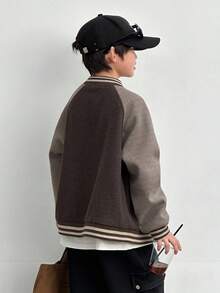 DAZY Tween Boy Letter Graphic Color Block Raglan Sleeve Single-Breasted Casual Baseball Jacket, Autumn - Brown - View 6