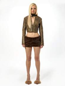 SUMWON WOMEN Women Cropped Studded Distressed Faux Leather Jacket Vintage Western Biker Punk Rock Fashion Streetwear Fall Winter Outerwear Zip Front - Brown - View 3