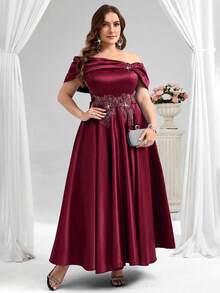 Coutiva Elegante vestido de bola de satén con hombros caídos, cuello asimétrico con diseño de aplicaciones y vuelo amplio, adecuado para fiesta de cumpleaños, ceremonia de graduación, invitado de boda, fiesta de regreso a clases